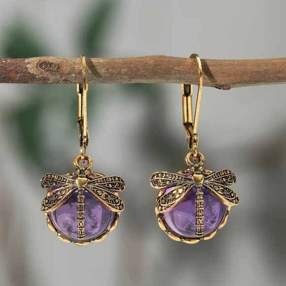 Private Label Jewelry - NEW Romantic Amethyst Purple Cabochon Dragonfly Earrings Pierced Boho